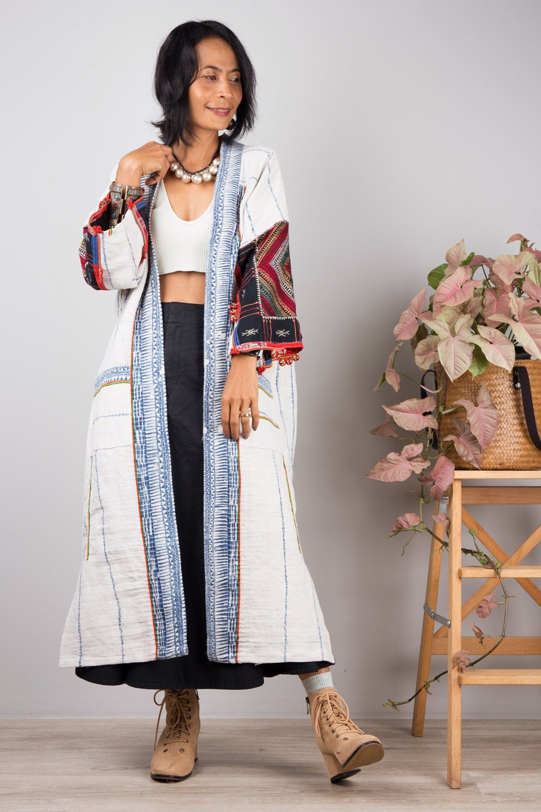 Long kimono cardigan, Unique Chic duster, Hmong tribe, remake vintage hemp - 女装休闲/机能外套 - 棉 白色