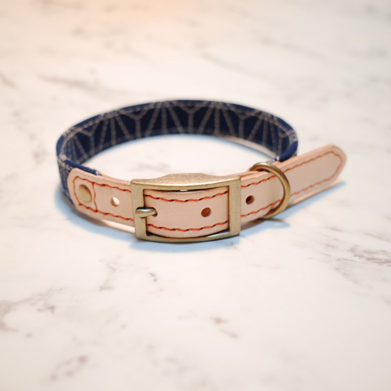 狗 M号 项圈 深蓝 几何 线条 点点 日本 和风 绅士风 附铃铛 可上牵绳 可加购吊牌 - 项圈/牵绳 - 真皮 