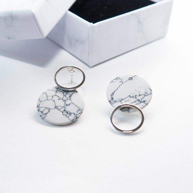 石纹 白松石片大耳环 - 耳环/耳夹 - 纯银 银色