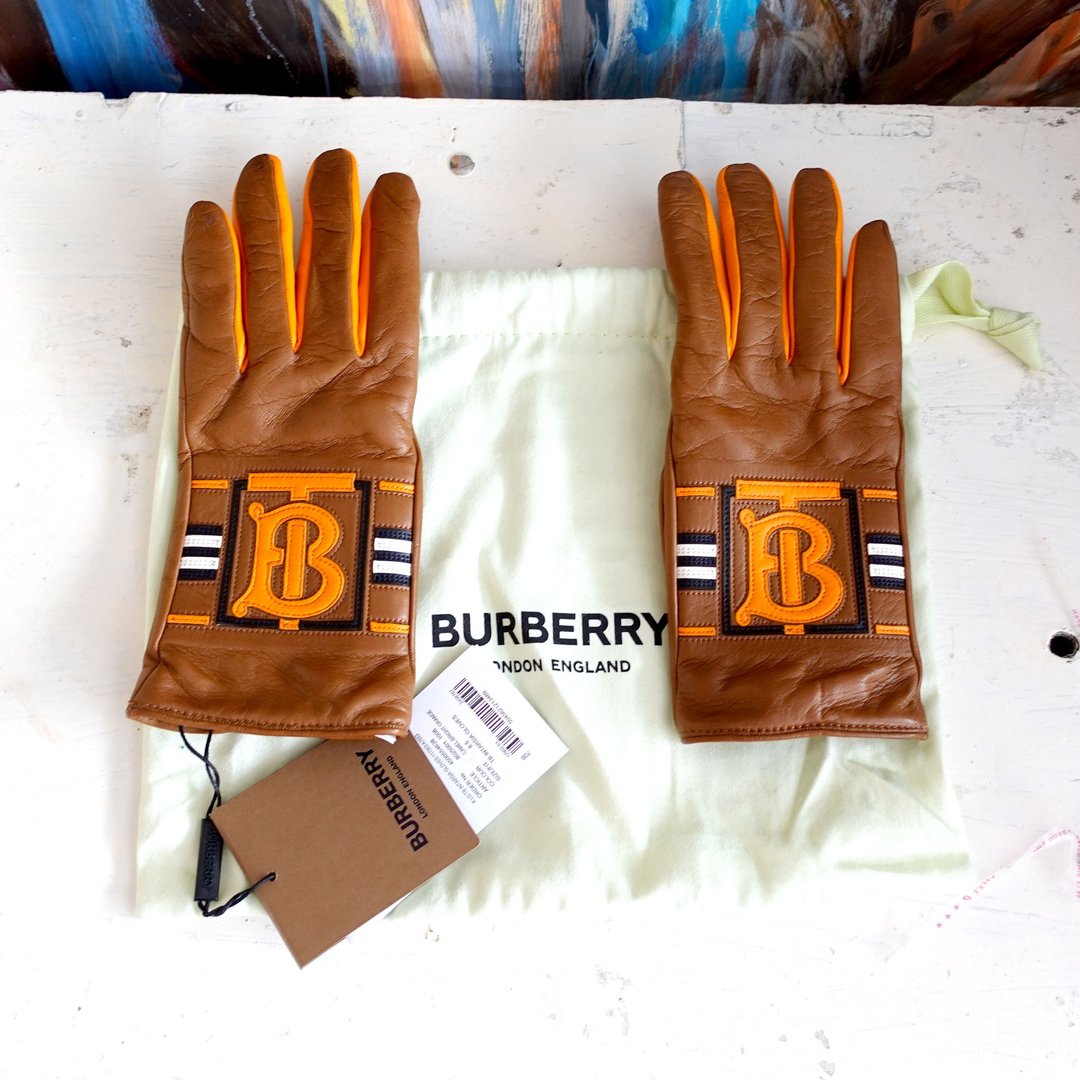 全新英国名牌Burberry咖啡色真皮小羊皮啡色拼色保暖手套 高级品 - 手套 - 真皮 咖啡色