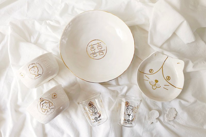 售罄展示- 手绘人像描金浮雕餐具情侣定制结婚纪念礼物饭碗装饰盘 - 盘子/餐盘/盘架 - 瓷 金色