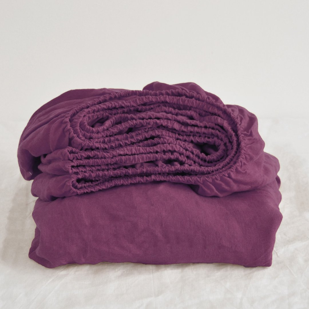 Burgundy linen fitted sheet / Softened linen bed sheet / Deep pocket - 寝具 - 亚麻 紫色