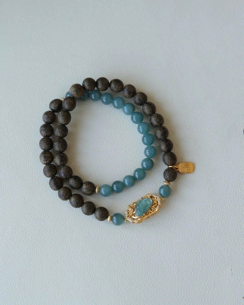 6mm天然奇楠沈香 沉香 危料翡翠莲花花丝手牌设计双圈手串手持fs - 手链/手环 - 木头 咖啡色