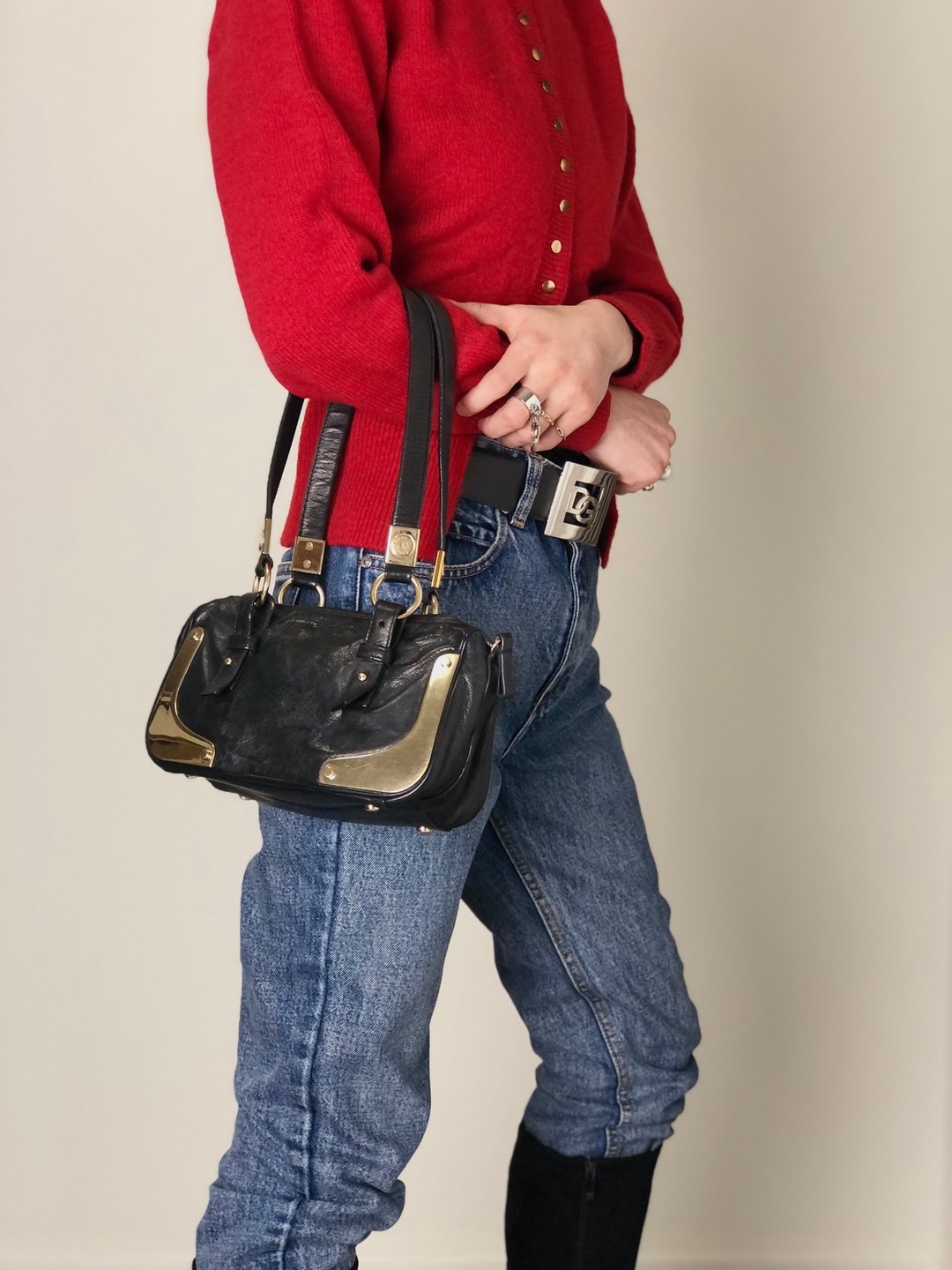 【VintageShop solo 日本直送中古包专卖店】Yves Saint Laurent 伊夫·圣罗兰 黑色皮革托特包 缀金属饰件 vintage 3tiyps - 手提包/手提袋 - 真皮 黑色