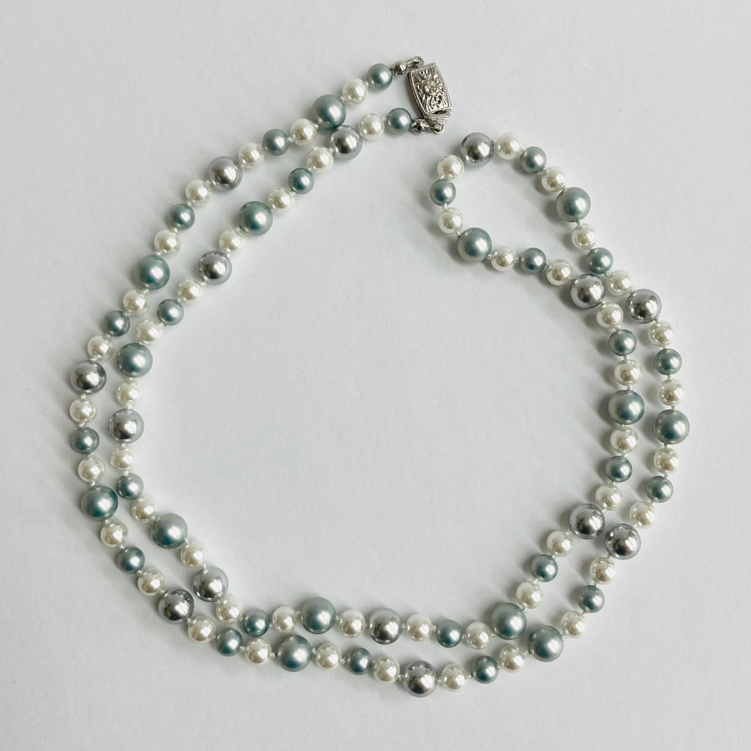 玻璃mix珍珠全节歌剧式长项链 / 6x8mm 约80cm / 蓝色x白色mix / made in japan - 项链 - 玻璃 蓝色