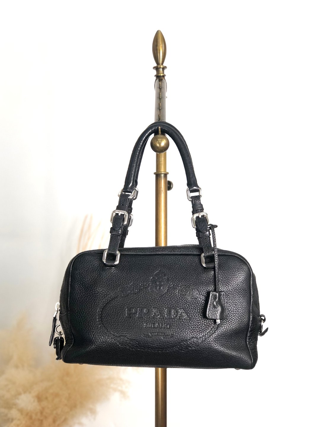 【日本直送 名牌中古包】PRADA 普拉达 手提包 黑色 压印 Logo 皮革 锁头 迷你波士顿包 vintage 古董 2nb76v - 手提包/手提袋 - 真皮 黑色
