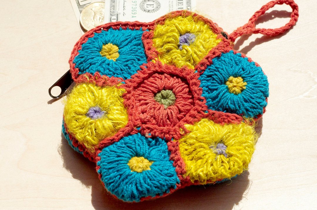 东欧风手工纱丽线钩织零钱包 / 收纳包 / 化妆包 - 阳光感花朵森林系零钱包 - 零钱包 - 棉 多色