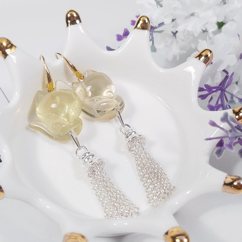 天然 顶级 黄水晶 狐狸 神兽 流苏 招财 耳环 开运 能量 桃花 - 耳环/耳夹 - 宝石 黄色