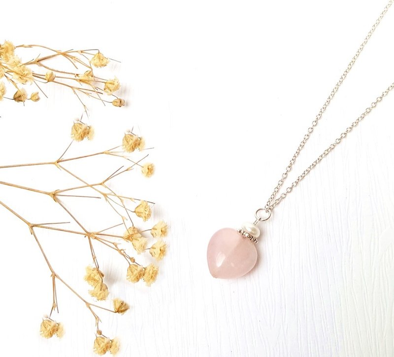 宠爱系列-恋情 粉晶爱心 珍珠 925 纯银项链 定制化 礼物 - 项链 - 纯银 粉红色