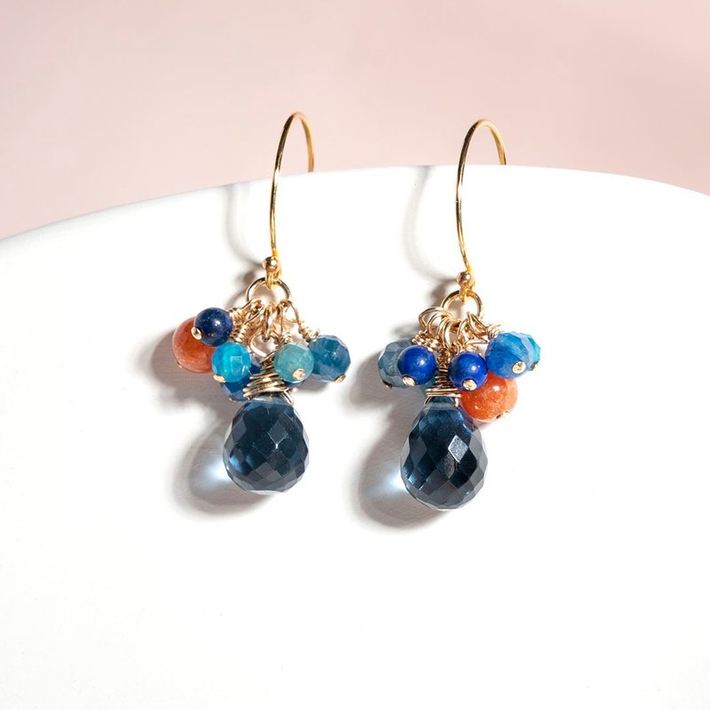 蓝晶石青金石金太阳石蓝磷灰14K包金水晶耳环 礼物 - 耳环/耳夹 - 水晶 蓝色