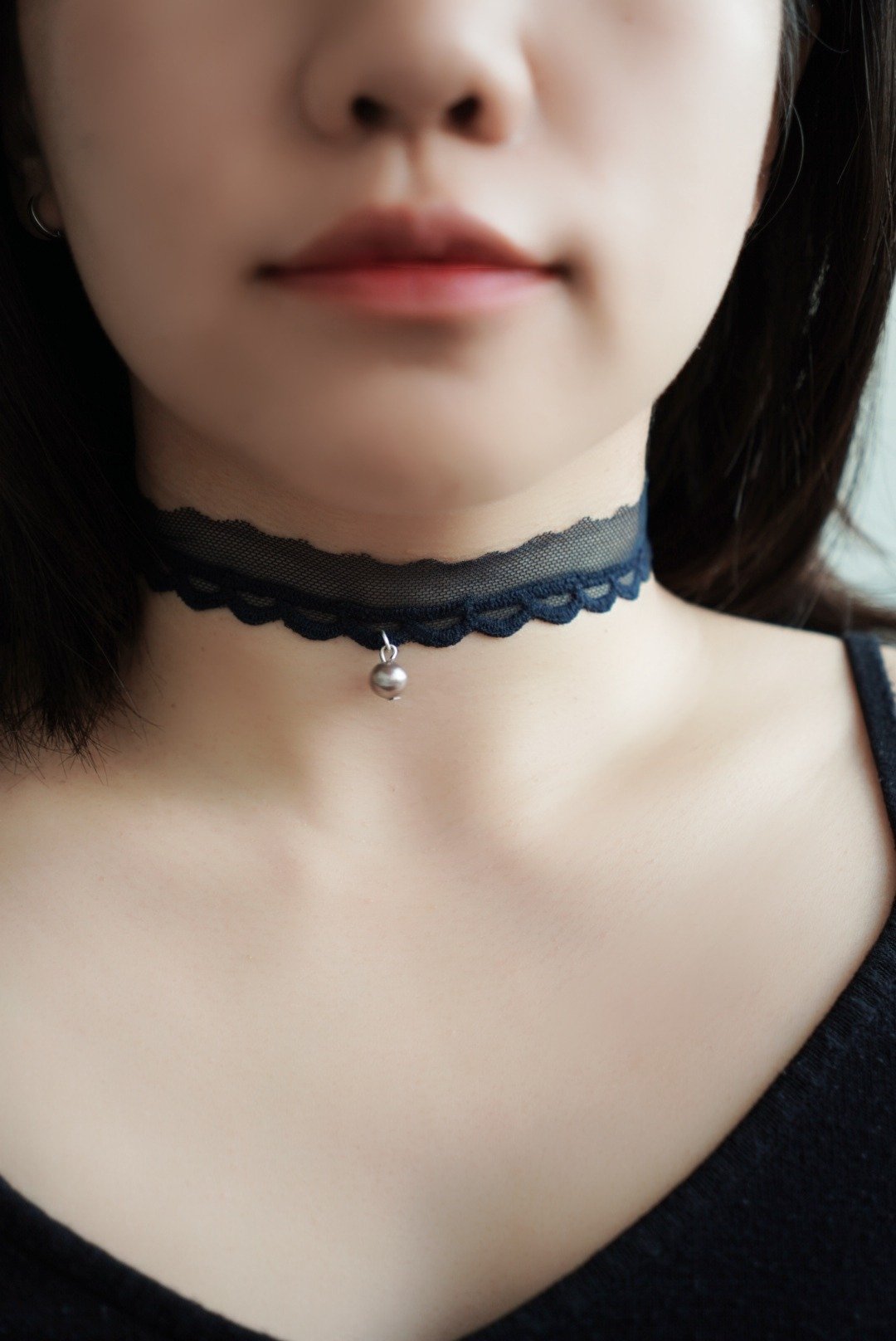 黑珍珠半透深蓝蕾丝 CHOKER SV925/合金 - 颈链 - 棉 黑色