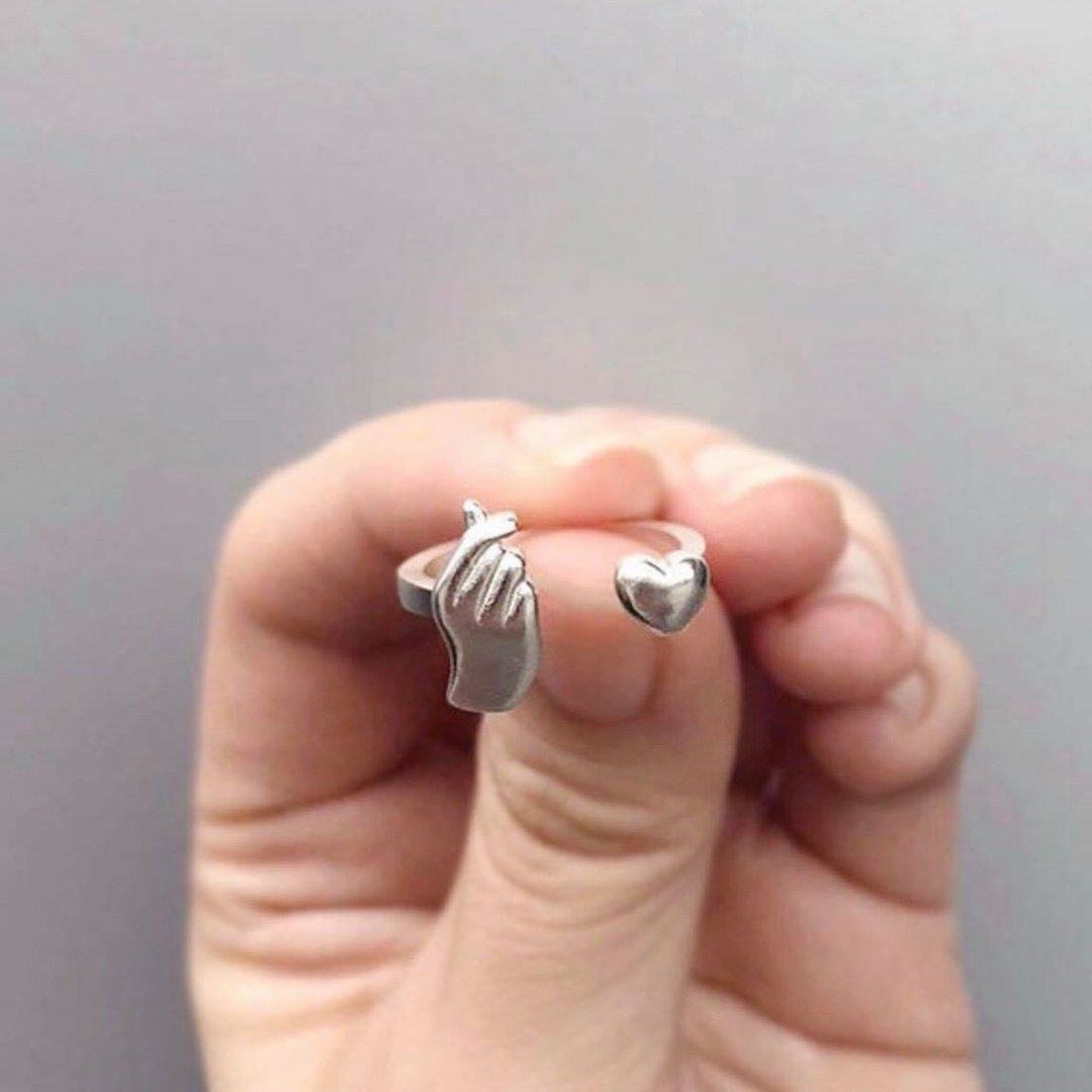 Sterling Silver Korean Finger Heart &amp; Heart Shaped Ring, Heart Ring, Love Ring - 戒指 - 其他金属 银色