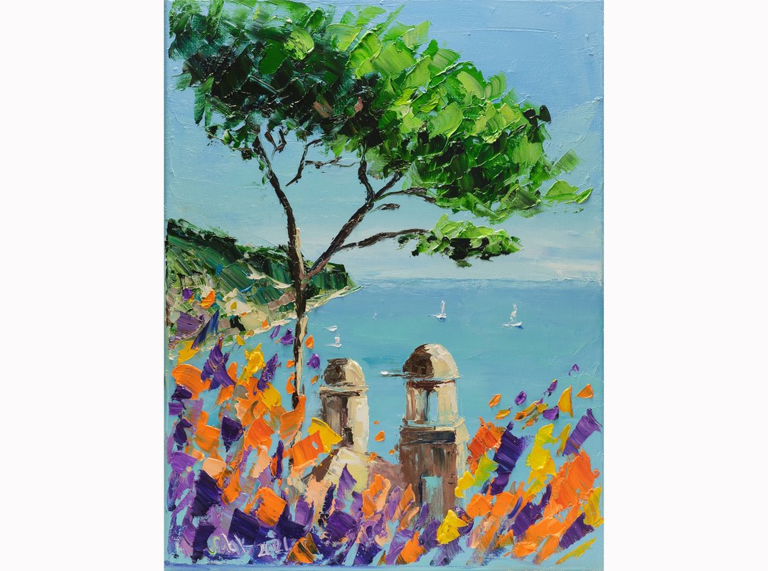 Positano Painting Amalfi Coast Original Art Villa Rufolo Ravello Painting Italy - 墙贴/壁贴 - 其他材质 紫色