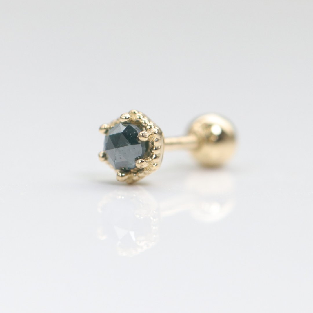 14K 六方形蓝色原钻锁珠耳环(单个)耳骨 耳窝 不退色 - 耳环/耳夹 - 贵金属 金色