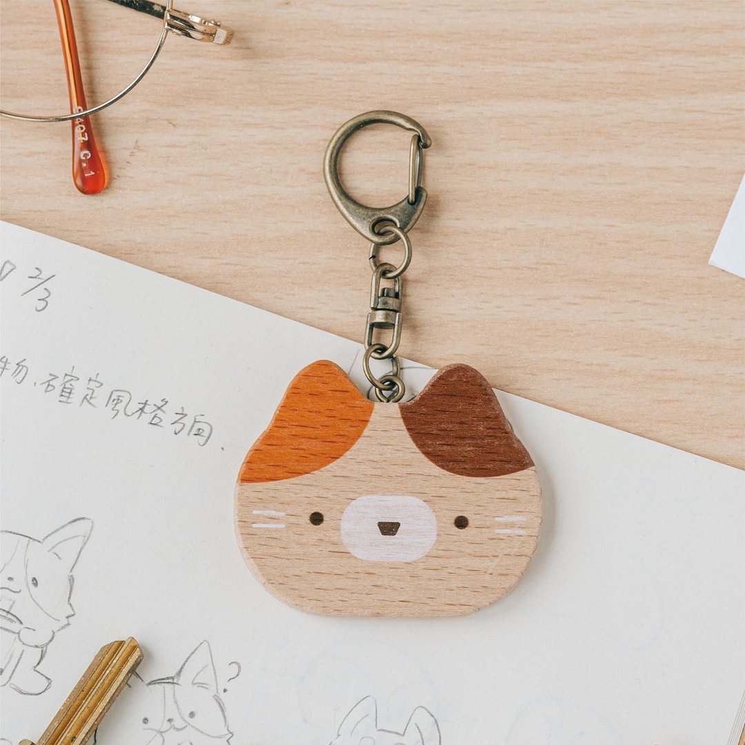 绝版出清【随行小 WOOD 镜 - 大头猫猫】随身镜 / 钥匙圈 / 造型吊饰 - 钥匙链/钥匙包 - 木头 多色