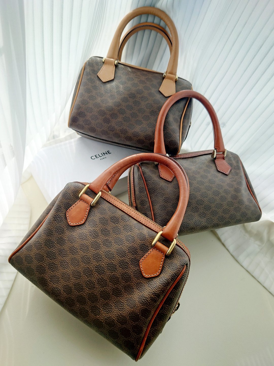 中古包 CELINE 棕啡老花 迷你波士顿包 单肩包斜背包斜挎包手拿包 - 侧背包/斜挎包 - 防水材质 咖啡色