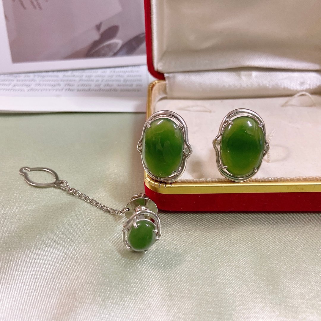 【西洋古董饰品】天然玉石原石 雕花镶嵌钻 袖扣 针式领带夹组 - 袖扣 - 贵金属 绿色