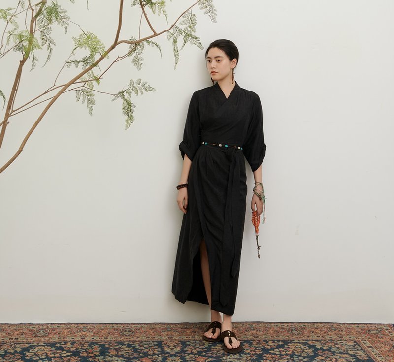 【黑檀】 城市游牧风/藏族元素/禅意佛系连衣裙 - 洋装/连衣裙 - 其他材质 黑色