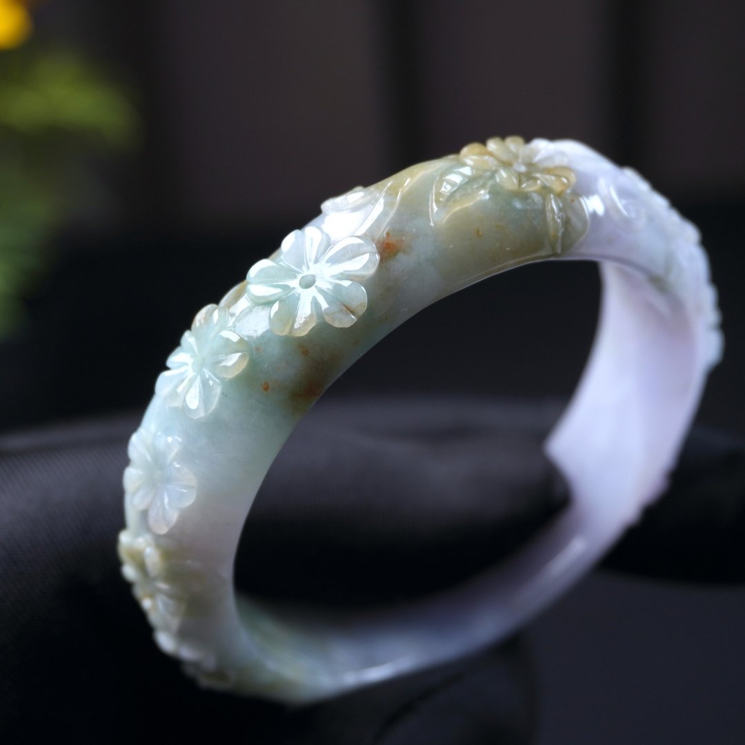 冰种三彩翡翠雕花镯手镯 | 18.5围 | 天然缅甸玉翡翠A货 | 送礼 - 手链/手环 - 玉石 多色