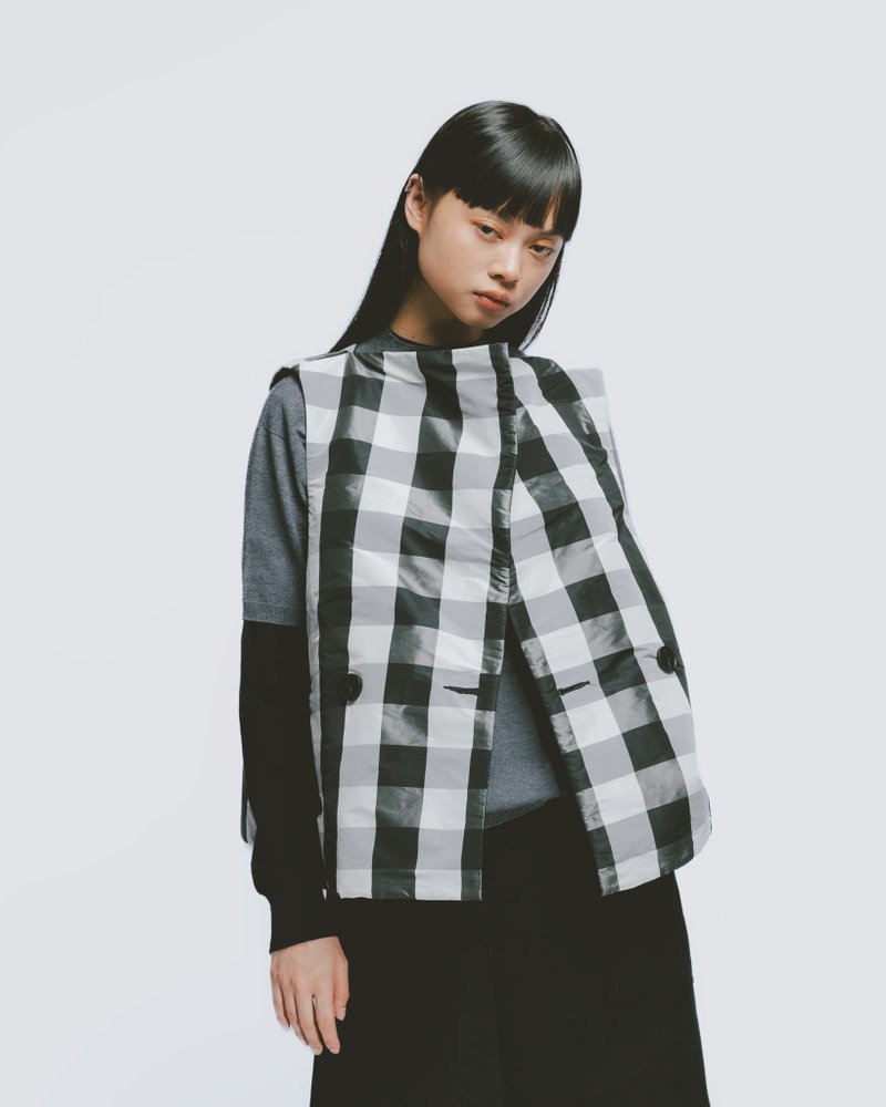 UUIN_黑白格两面穿双排扣背心 - 女装背心 - 其他材质 黑色