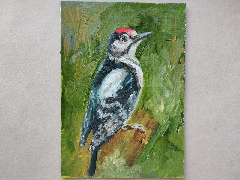 Bird painting woodpecker painting original oil art - 海报/装饰画/版画 - 其他材质 绿色