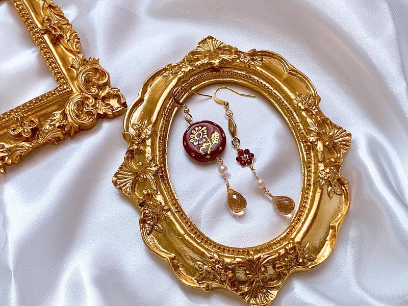 复古花 赤玉红酒 | 耳环 - 耳环/耳夹 - 玻璃 红色