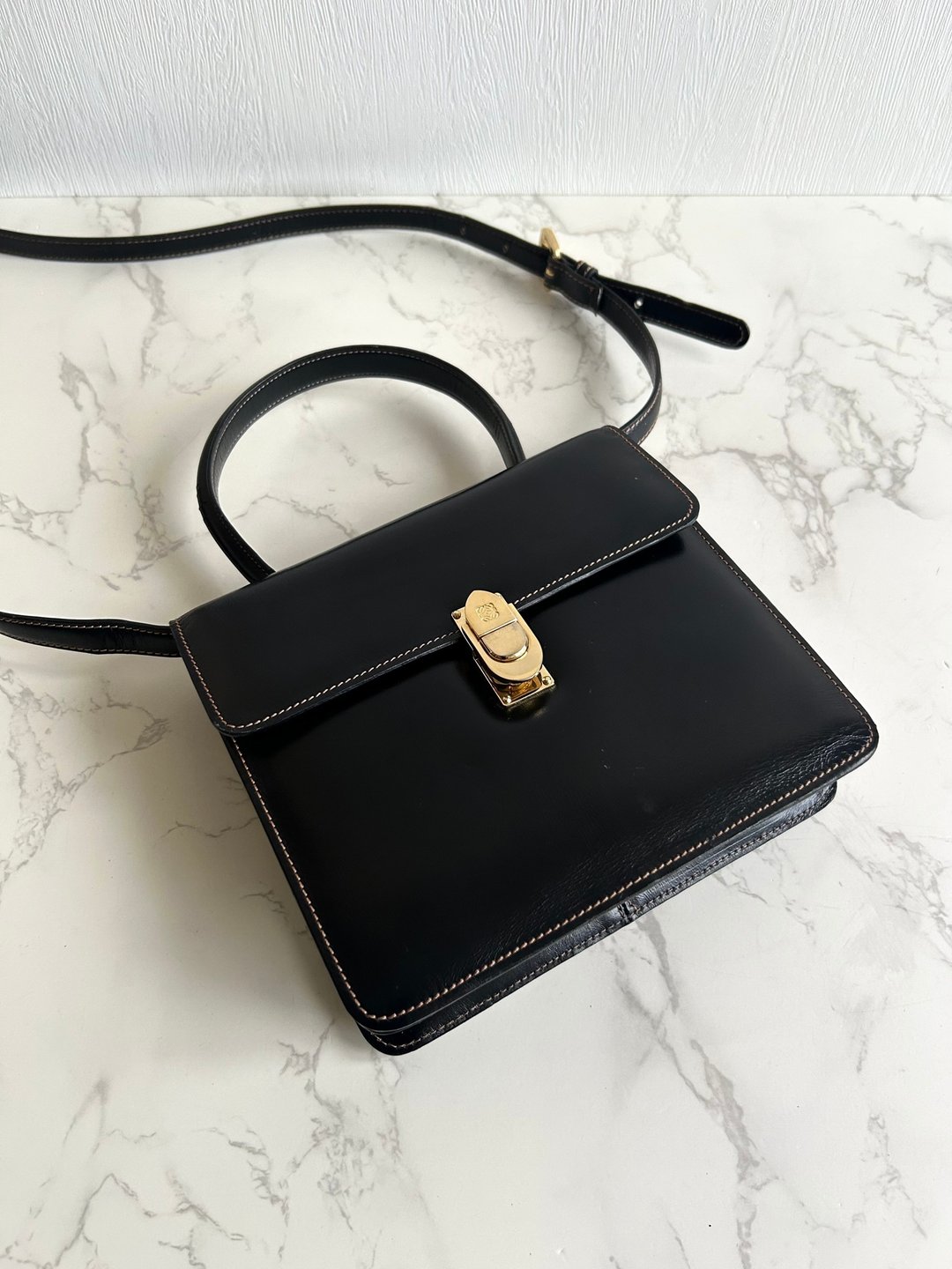 Loewe 中古黑金色迷你凯莉包 单肩包 皮革包 斜背包 复古二手包 - 侧背包/斜挎包 - 真皮 黑色