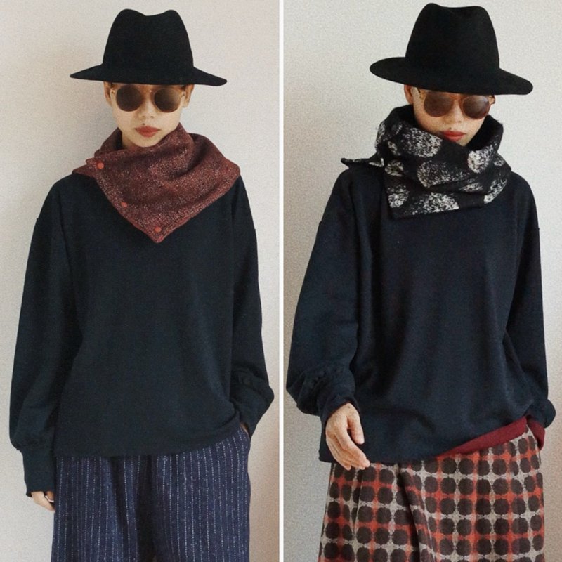 黑白漸變和紅色 保暖脖套圍巾圍脖 立體編織羊毛 夾棉拼布 - 围巾/披肩 - 羊毛 黑色