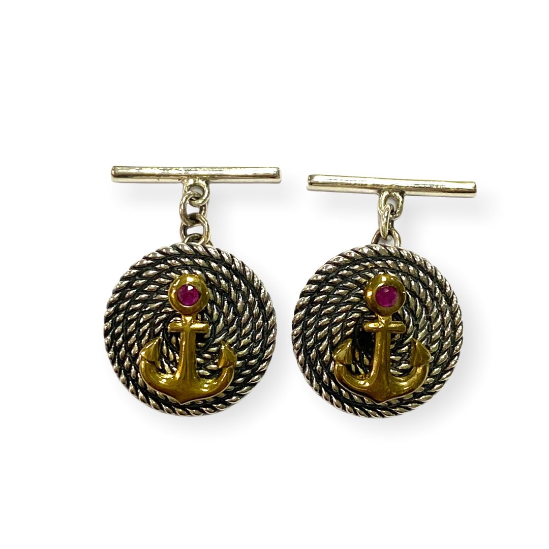 Nautical Anchor And Rope with Ruby Stone Cufflinks 925 Sterling Silver - 袖扣 - 纯银 银色