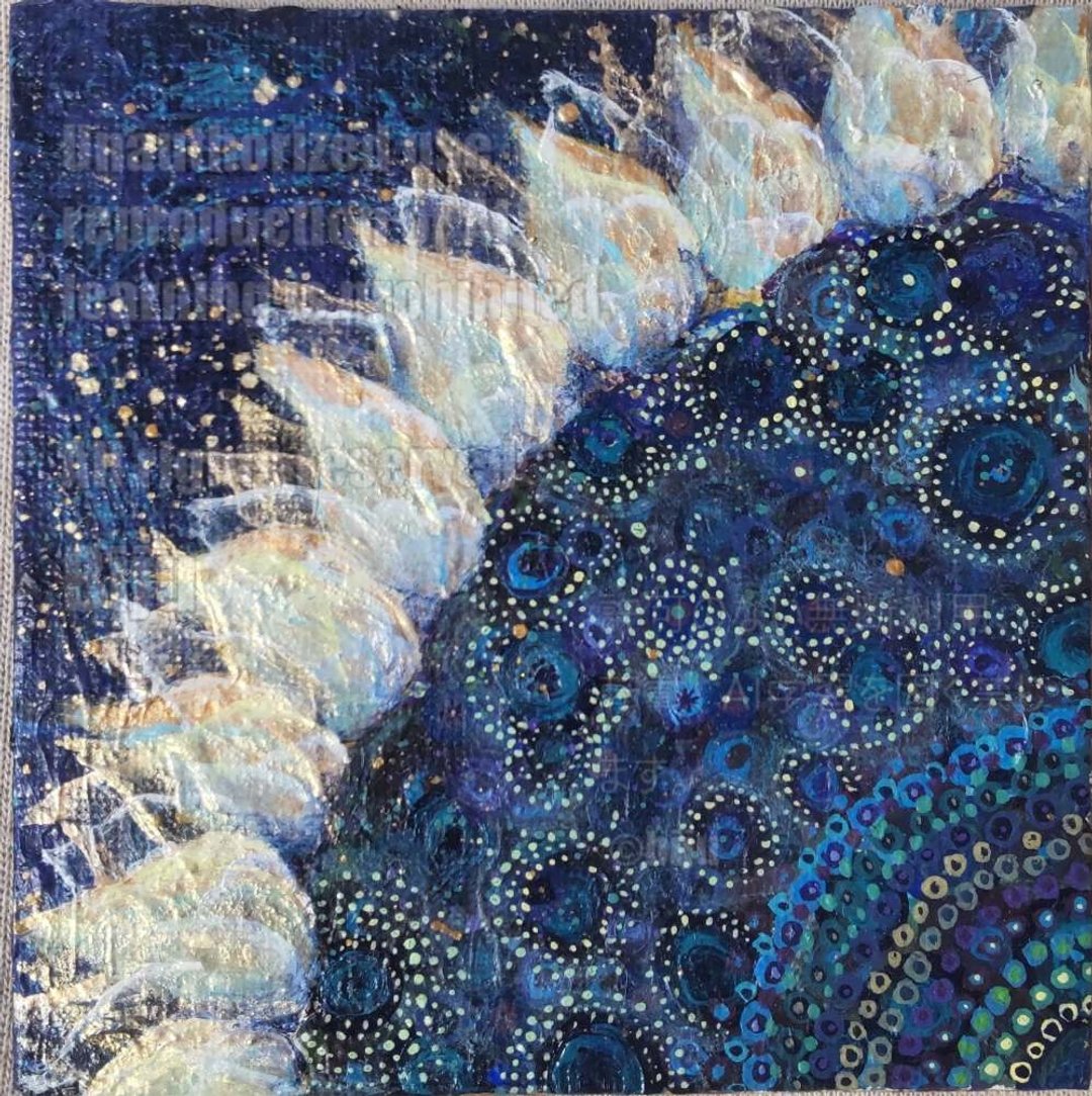 向日葵 手绘 迷你画布【sunflower(宙)】压克力画 约 10cm x 10cm  墙面装饰 - 墙贴/壁贴 - 棉．麻 蓝色