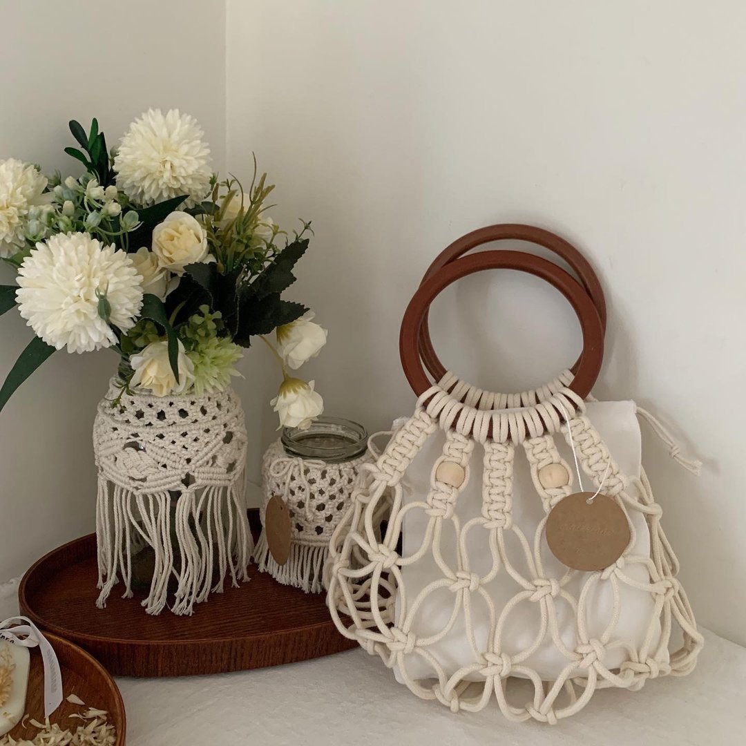 Macrame 手工 编织 圆柄 木环 珠珠 手提包 l 附内里袋 - 手提包/手提袋 - 棉 白色