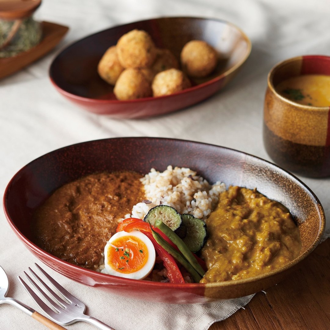 Mino ware tone on tone curry bowl red | Brown| mustard - 盘子/餐盘/盘架 - 陶 红色