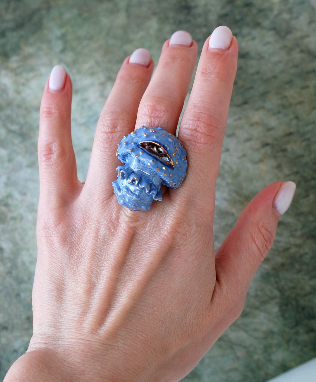 Blue mushroom Ring Magic Eye mushroom figurine One size ring Ceramic Eye - 戒指 - 瓷 蓝色