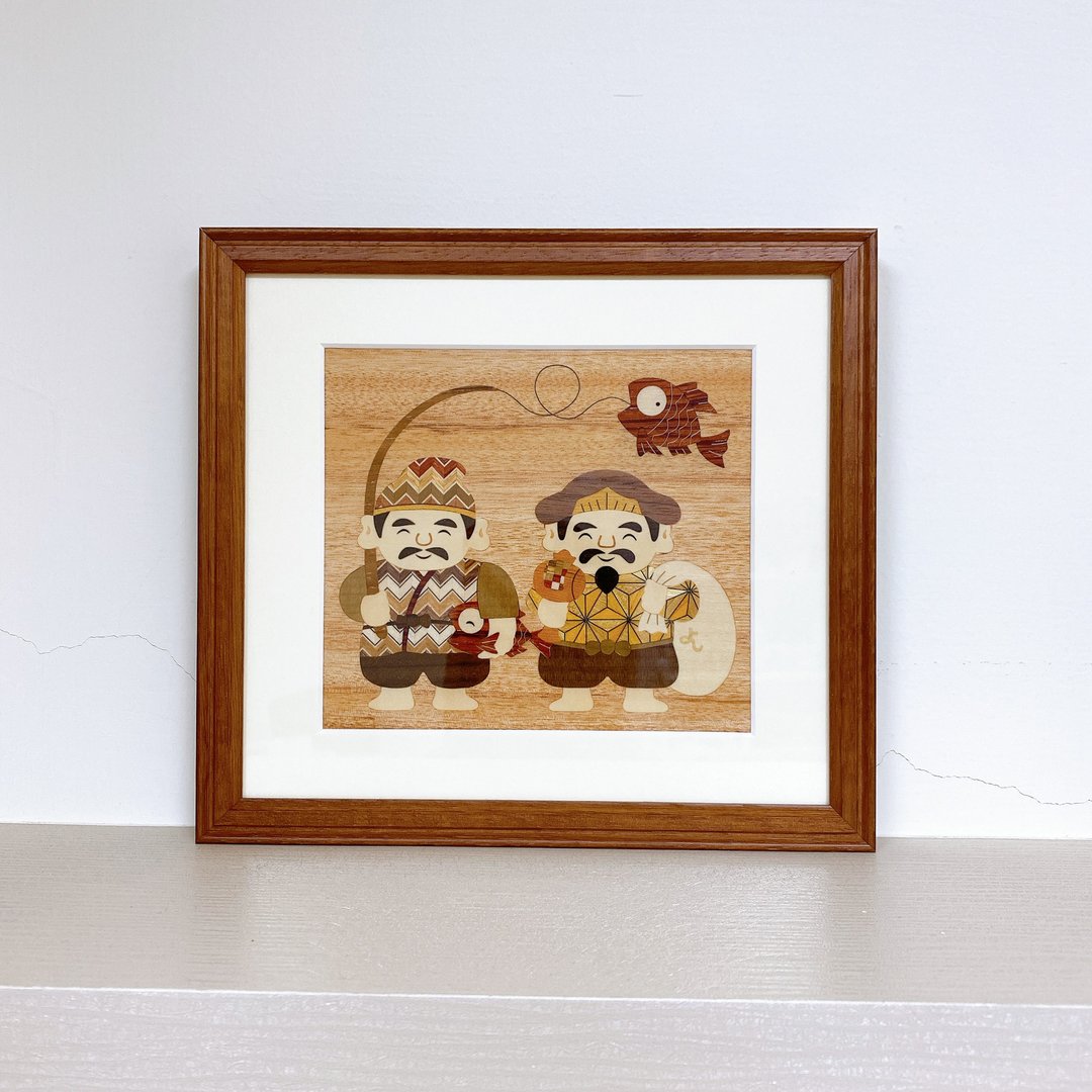 【箱根寄木细工】日本工艺品 画 木象嵌 惠比寿 大黑天 - 海报/装饰画/版画 - 木头 咖啡色