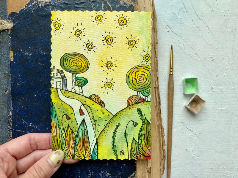 Summer painting Landscape Original art Miniature watercolor Green small artwork - 海报/装饰画/版画 - 纸 绿色