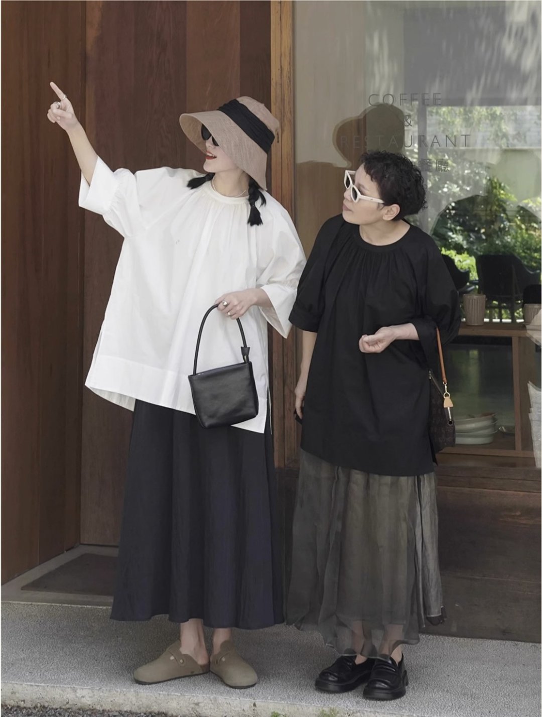 黑白 日系复古圆领长袖/五分袖衬衫 - 女装衬衫 - 棉 黑色