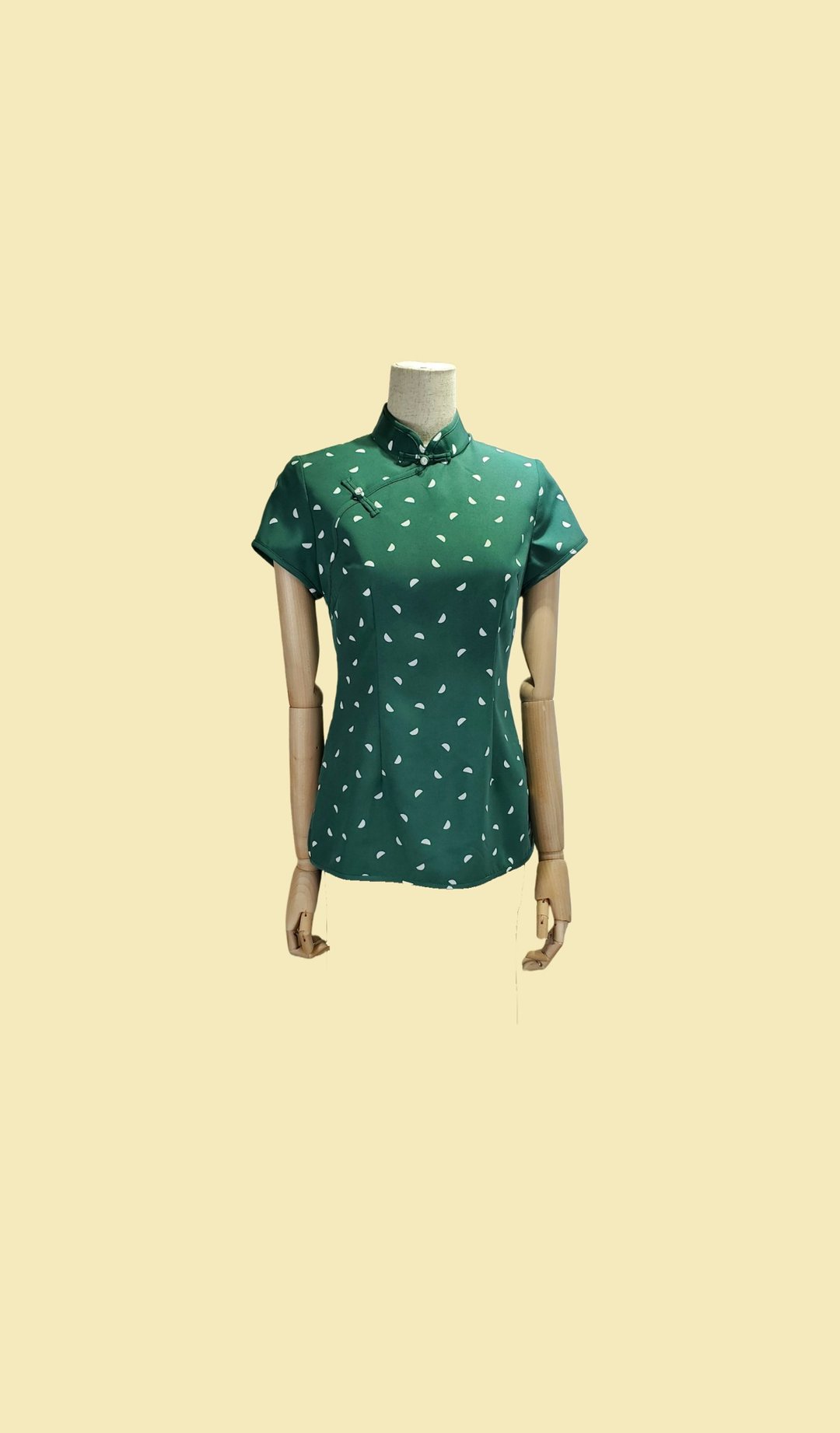 VINTAGE 悦裳 港式 复古旗袍 春装 华服 连身裙 绿底白色半圆点旗 - 女装上衣 - 棉 绿色