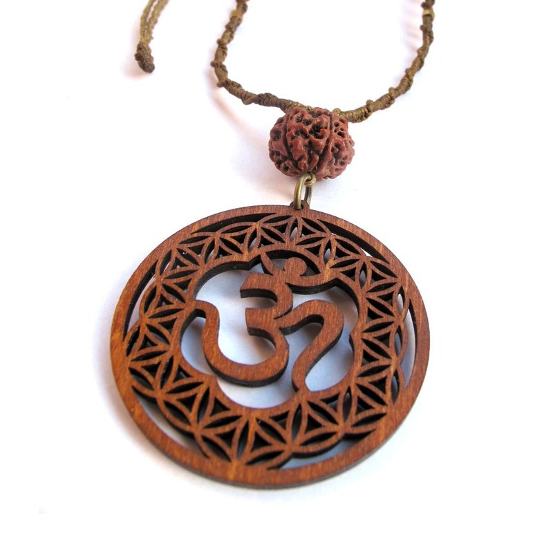 AUM Om Shanti Flower Of life Necklace 4 men - 项链 - 木头 咖啡色