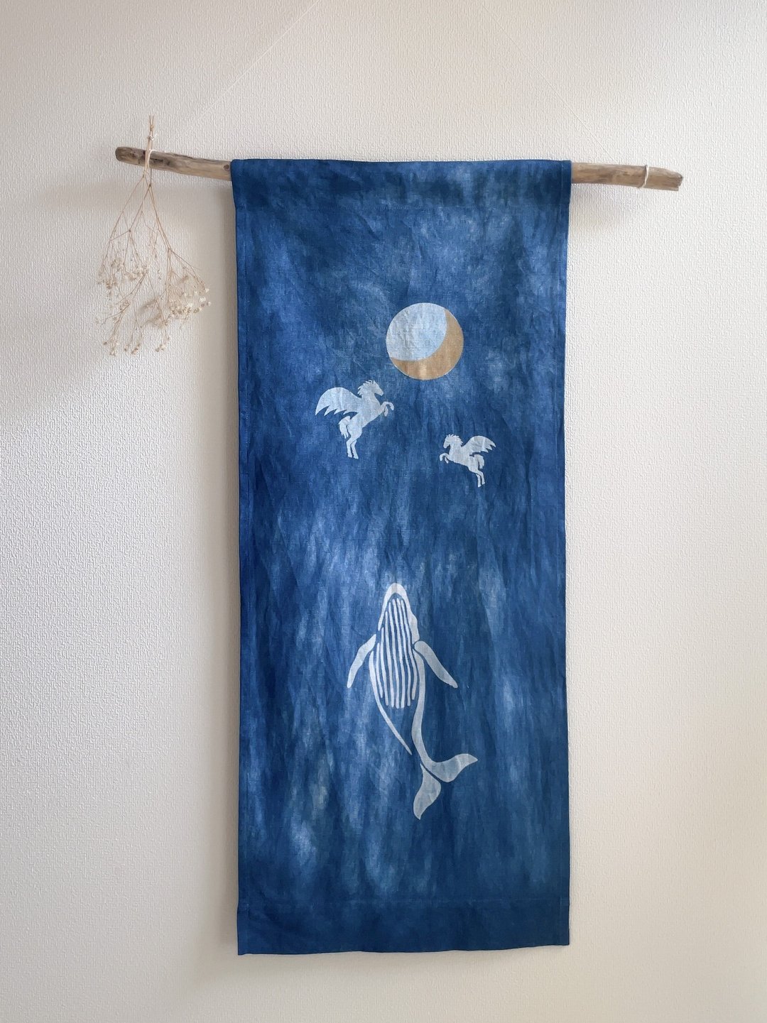 Made in Japan JAPAN BLUE Tapestry MOON Whale Pegasus Moon Whale Ocean Aizome Aizen Relaxed peace dream - 墙贴/壁贴 - 棉 蓝色