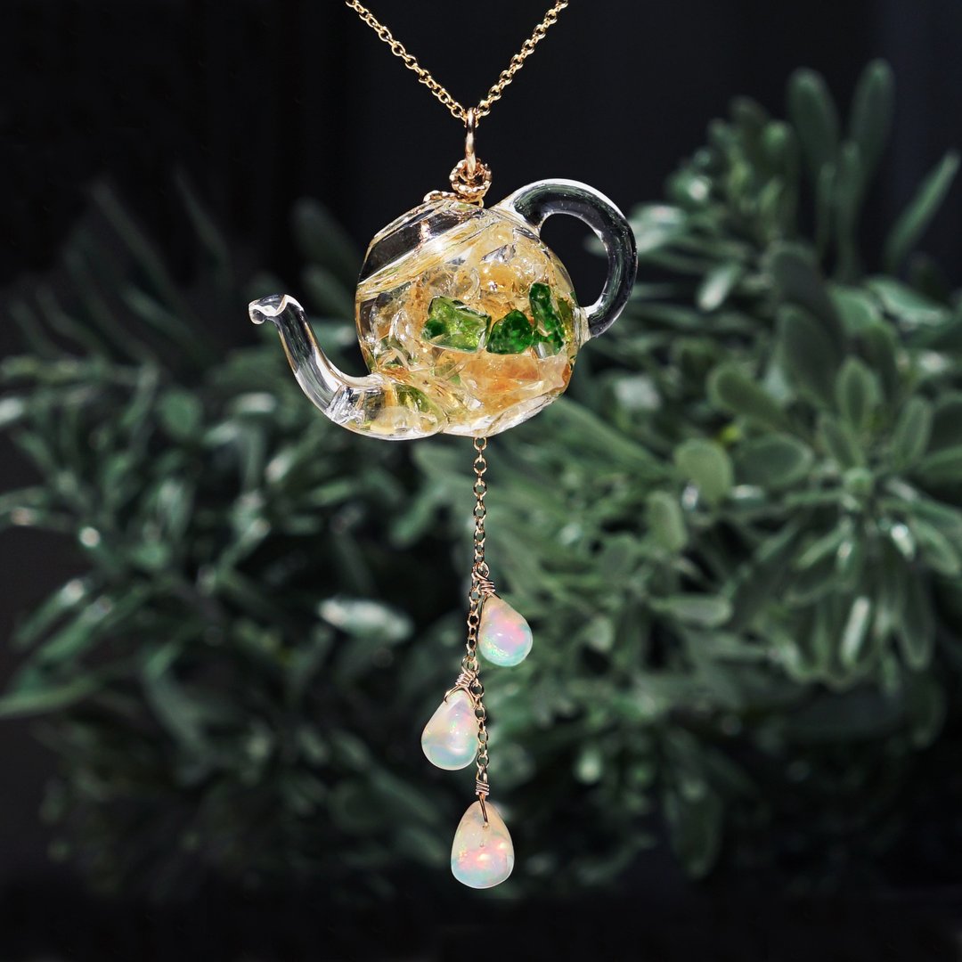 宝石草本茶项链．欧泊．黄水晶．铬透辉石 Jewel Herb Tea Pot - 项链 - 宝石 橘色