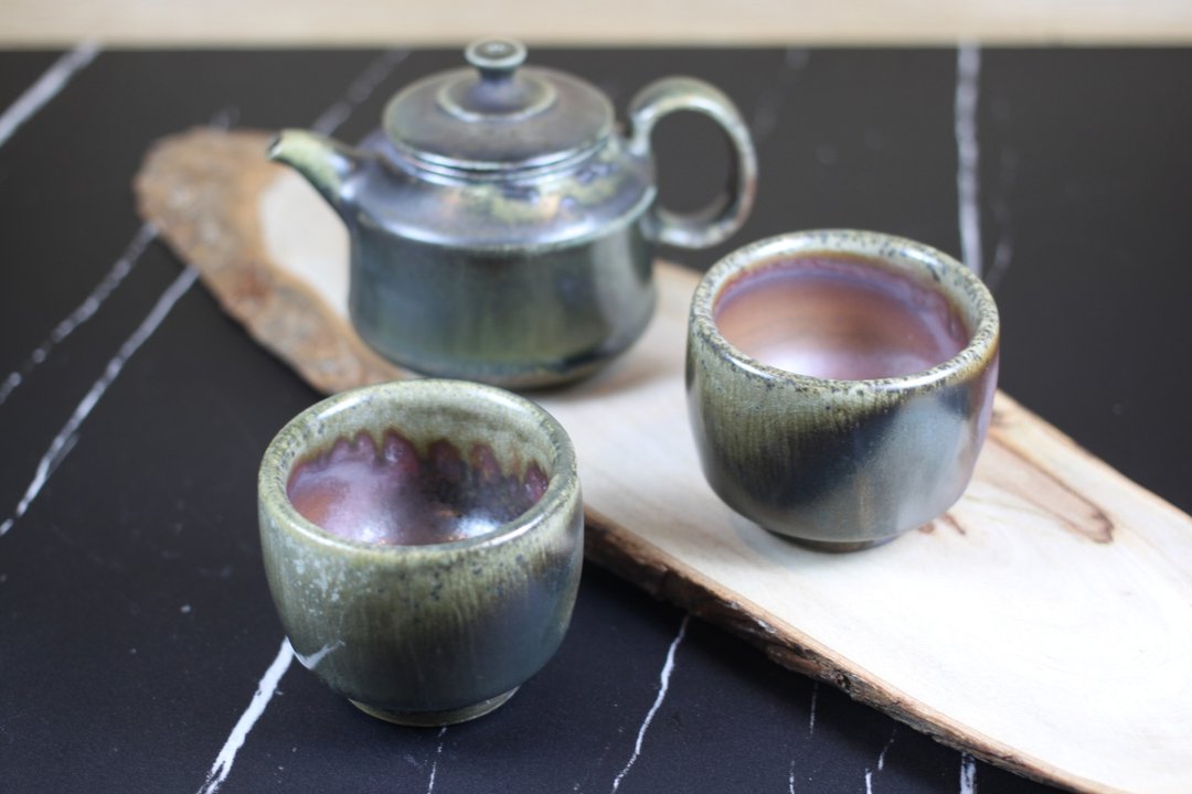 【圣诞礼盒】柴烧天目釉 手拉坏 一壶两杯组 莺歌名家叶敏祥作 - 茶具/茶杯 - 陶 
