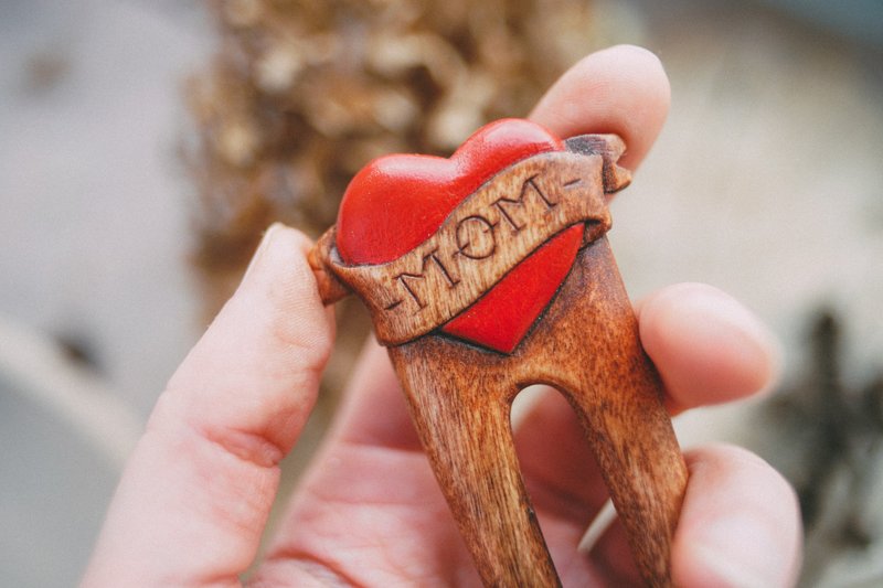 Hair pin red heart, wooden hair fork, hair clip as mothers day gift - 发饰 - 木头 红色