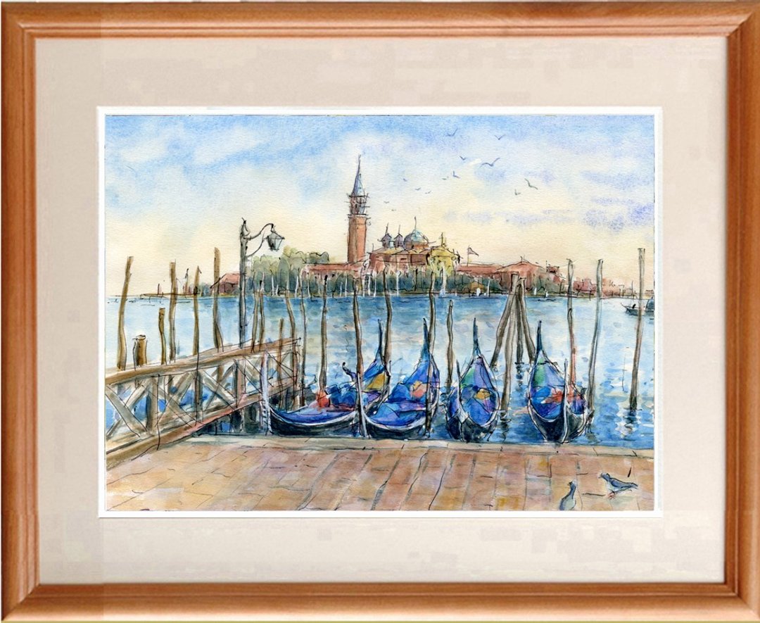Original watercolor painting Gondola 10 Venice - 海报/装饰画/版画 - 纸 蓝色