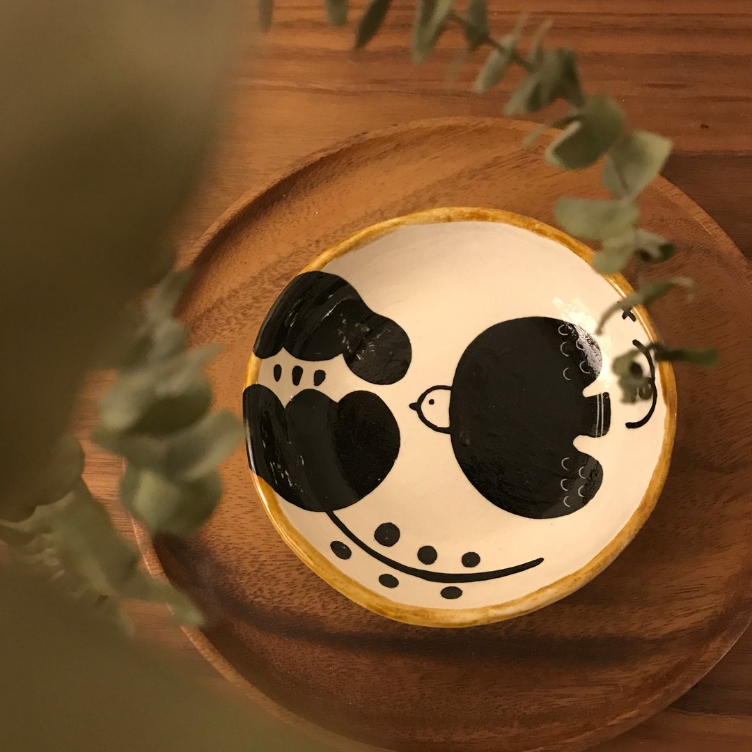 【小丸 森林 手绘】花  飞鸟 黑白  深钵  碗 深皿 - 碗 - 陶 黑色