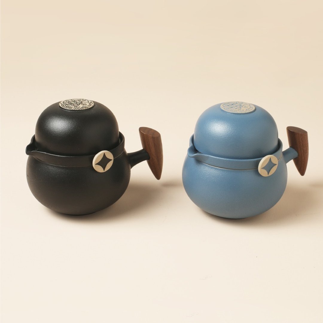 陆宝 牛转钱坤旅行组 一壶两杯 + 便携盒 旅行茶具 - 茶具/茶杯 - 陶 黑色
