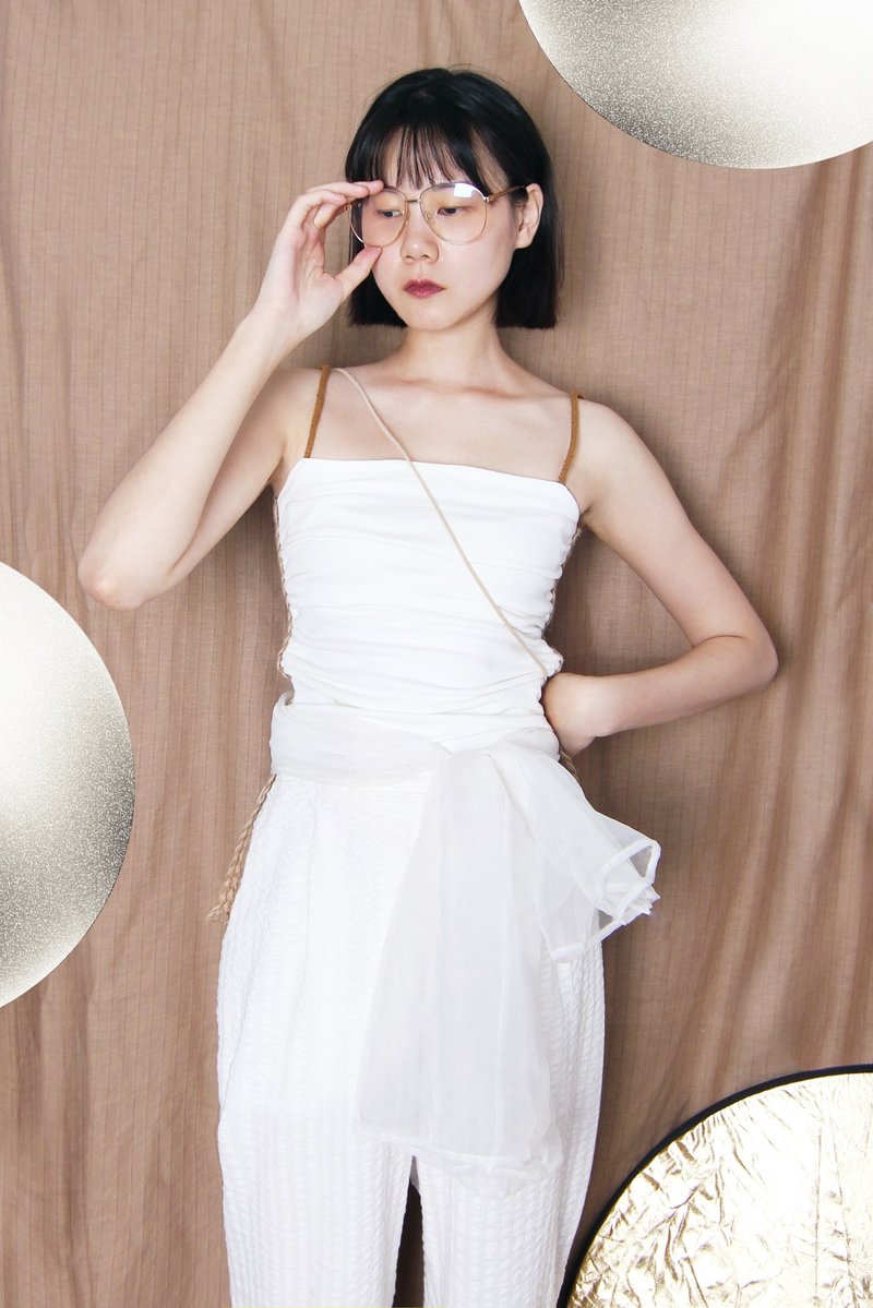 MAODIUL纯棉抽褶麻绳装饰双层面料针织抹胸吊带 - 女装背心 - 棉．麻 白色