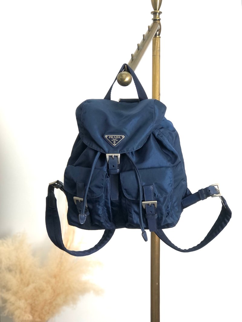 【日本直送 品牌二手包】PRADA Prada 背包 海军蓝 三角形标志 尼龙 双口袋 复古 6een3f - 手提包/手提袋 - 尼龙 蓝色