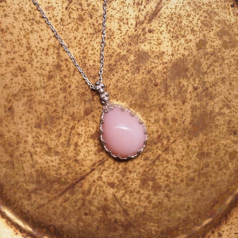 天然粉红蛋白石 纯银手工项链 Pink Opal handmade Silver - 项链 - 半宝石 粉红色