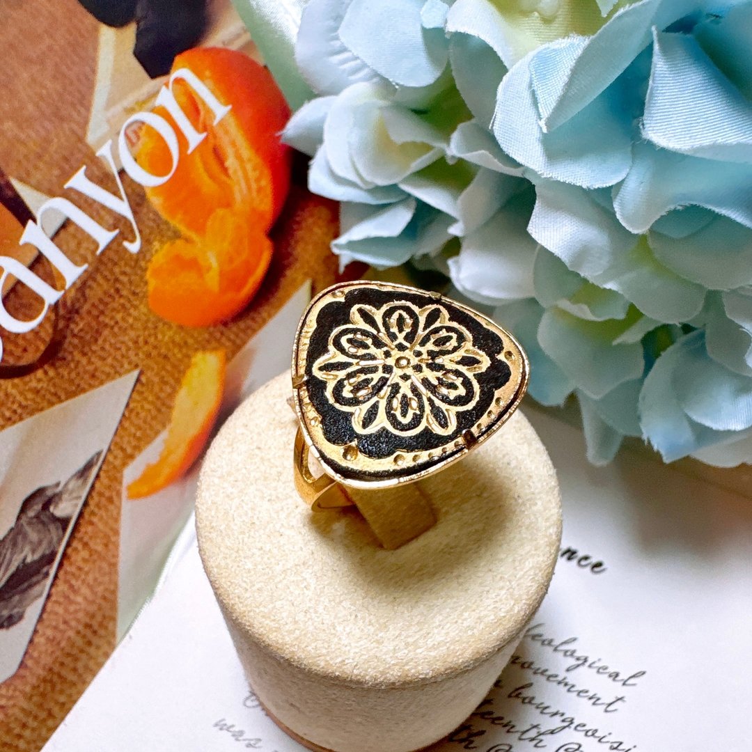 【西洋古董饰品】可调式大马士革24K金工艺花卉 椭圆西班牙戒指 - 戒指 - 24k 金 金色