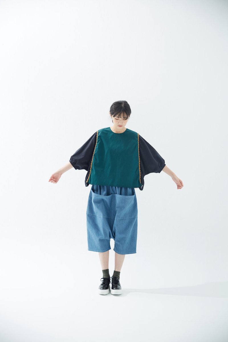 拼接黑绿滚边五分袖上衣 - 女装上衣 - 聚酯纤维 多色